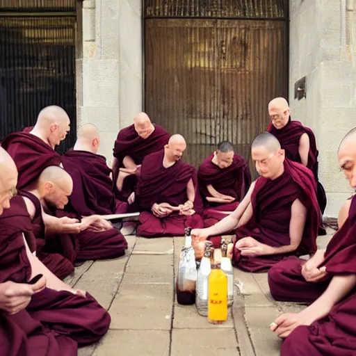 Image similar to group of monks worshiping a bottle of buckfast