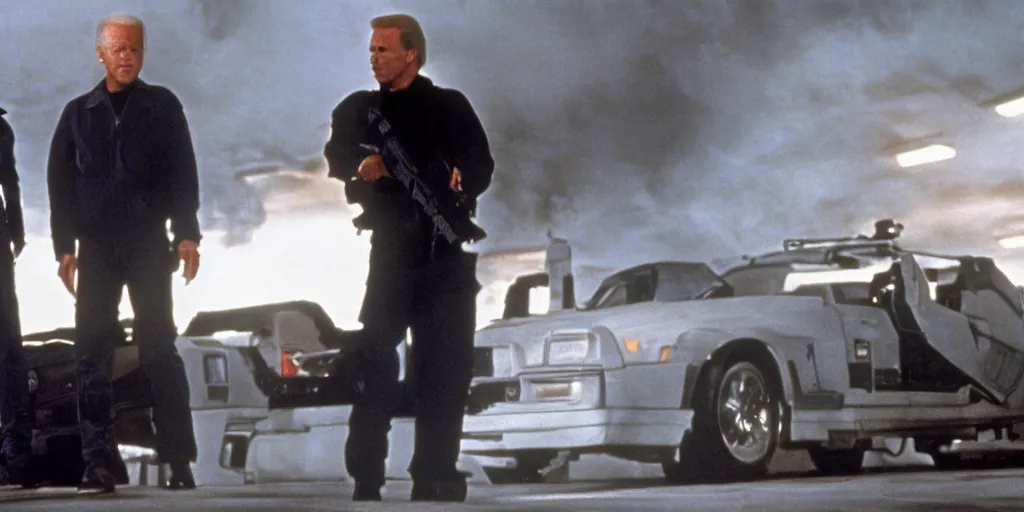 Image similar to joe biden in the terminator shooting terminator donald trump, cinematic, establishing shot, two characters facing each other, extremely high detail, photorealistic, cinematic lighting, James Cameron