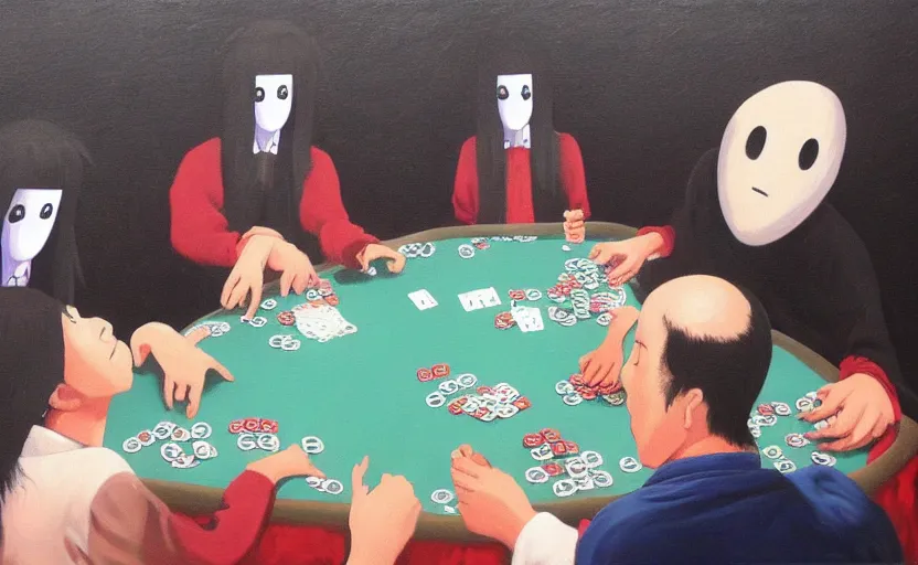 Image similar to no face from spirited away playing poker, oil painting