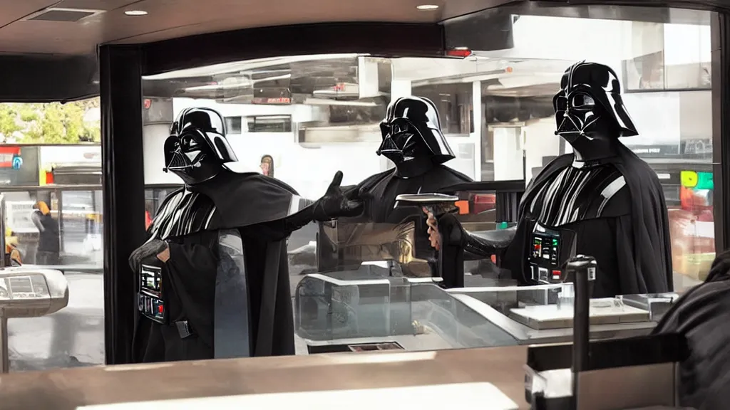 Prompt: Darth Vader!! working at a Mcdonalds!! Drive through, film still from the movie directed by Denis Villeneuve with art direction by Salvador Dalí, wide lens