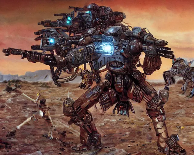 Image similar to cybernetic evil warzone bladed weapons razor projectiles humanoids goin stupid, desert scene