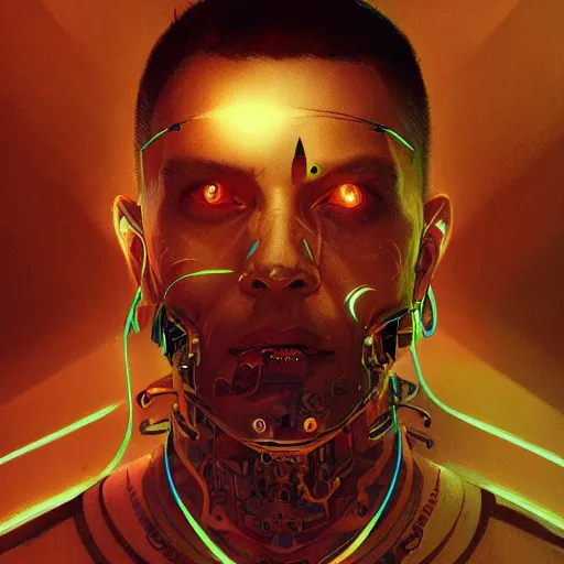 Image similar to portrait of a man with face tattoos, sci - fi, cyberpunk, blade runner, glowing lights, tech, biotech, techwear, intricate, elegant, highly detailed, digital painting, artstation, concept art, smooth, sharp focus, illustration, art by artgerm and greg rutkowski and alphonse mucha