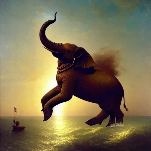 Image similar to giant gold-clad elephant in ferocious battle against a flying fire breathing seal, dark, oil painting, Ivan Aivazovsky