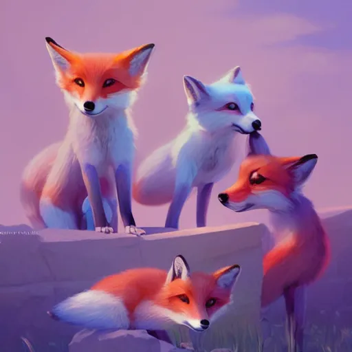 Image similar to painted portrait of a family of foxes, fantastically pastel colors, octane render, matte painting concept art, official fanart behance hd artstation by jesper elsing, by rhads and makoto shinkai and lois van baarle and ilya kuvshinov and rossdraws