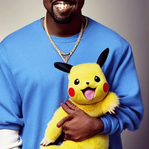 Image similar to kanye west smiling holding pikachu for a 1 9 9 0 s sitcom tv show, studio photograph, portrait c 1 2. 0