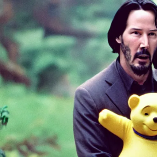 Image similar to A still of Keanu Reeves as Winnie the Pooh