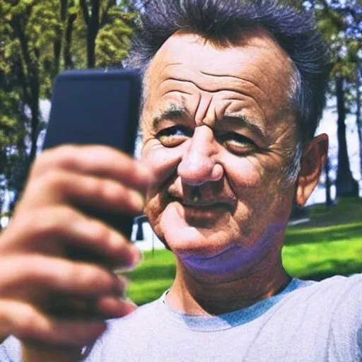 Image similar to modern color fine details iphone 12 Pro selfie photograph of a young 20 year old Bill Murray at 20 years old taking a selfie in a park on an iPhone 12 Pro, 20 year old Bill Murray, modern HD cell phone photograph in color, instagram, IQ4, 150MP, 50mm, F1.4, ISO 200, 1/160s, natural light, Adobe Photoshop, Adobe Lightroom, photolab, Affinity Photo, PhotoDirector 365