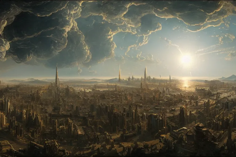 Prompt: a vast planetary sci-fi city by Ansel Adams and Bernardo Bellotto, oil on canvas, artstation, dramatic scenery, masterpiece, aesthetic