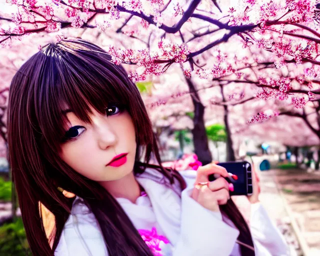 Prompt: selfie of an japanese gyaru with beautiful face and modern clothes, sakura blooming in the background, bokeh, depth of field, dramatic lighting, cinematic, vivid colors, matte painting, vivid color scheme, trending on artstation, unreal engine
