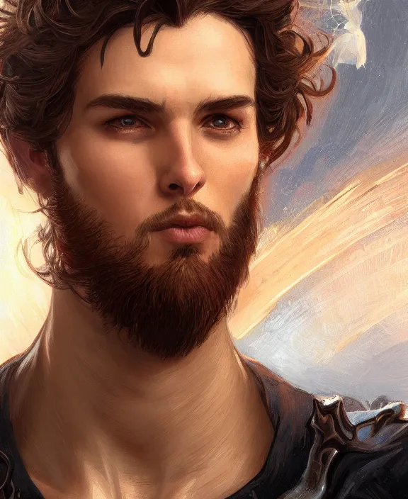 Image similar to portrait close up of guy, concentrated look, symmetry, with an explosion on the back, d & d, fantasy, intricate, elegant, highly detailed, digital painting, artstation, concept art, art by artgerm and greg rutkowski and alphonse mucha, boris vallejo