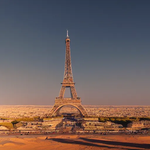 Prompt: photo of Eiffel Tower in Sahara desert, 8K, realistic, magic hour, aerial view