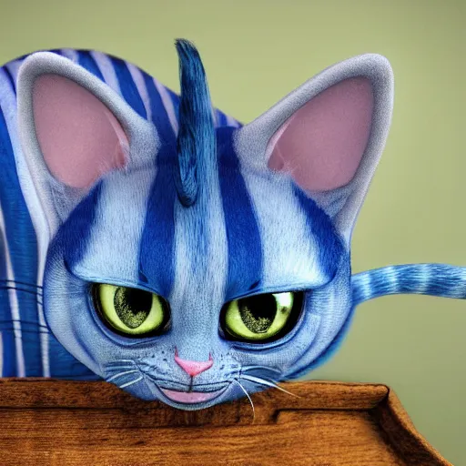 Image similar to cute blue striped cheshire cat. an adorable cat with light blue stripes, blue eyes and a big mischievous smile. stunning digital art by tom cross. fluffy, soft