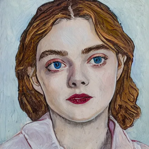 Prompt: professional painting of Elle Fanning in the style of Maurice Prendergast, head and shoulders portrait, symmetrical facial features, smooth, sharp focus, illustration, intricate, stormy weather, extremely detailed masterpiece,