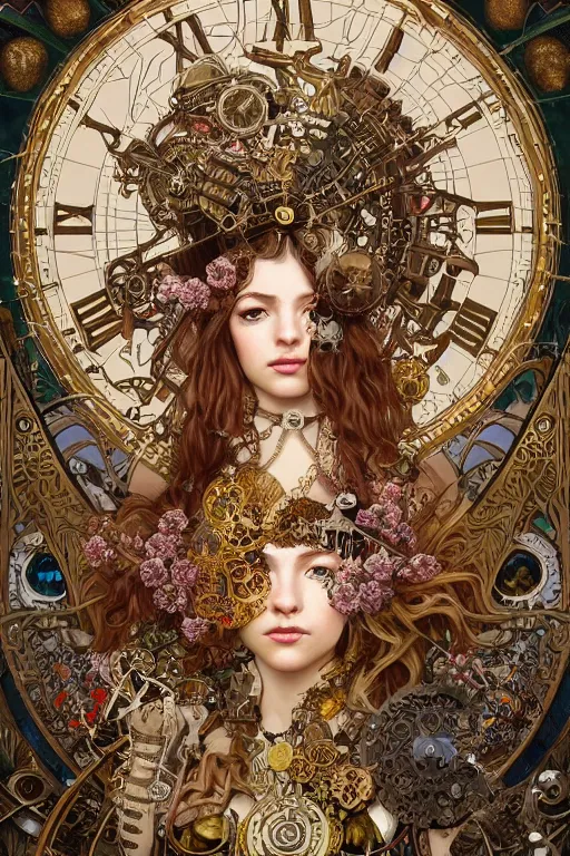 Image similar to beautiful portrait of a steampunk warrior girl wearing a detailed armour of jewels and gold bugs and fantasy beetles , huge mechanical clocks, surrounded by art nouveau mushrooms and vegetation , intricate details, realistic shaded , steampunk, highly detailed, artstation, pretty face, illustration by alphonse mucha and Greg Rutkowski and Ruan Jia, art nouveau, octane render