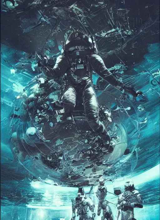 Image similar to astronauts in dark void underwater - complex and hyperdetailed technical suit. reflection and dispersion materials. rays and dispersion of light. volumetric light. f / 3 2. noise film photo. flash photography. ultra realistic, wide angle. poster by wayne barlowe, hajime sorayama aaron horkey, craig mullins