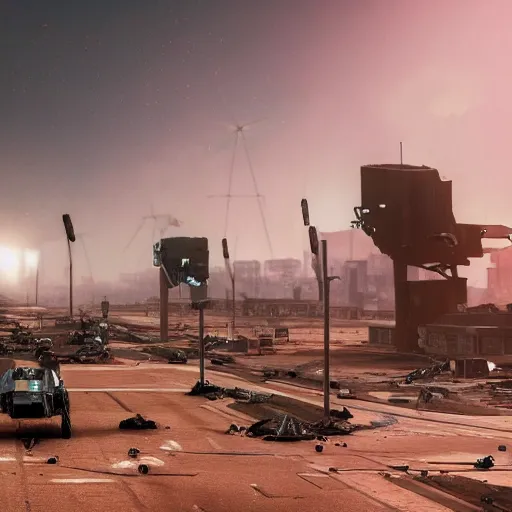 Image similar to machines and robot soldiers run on the horizon in a deserted street full of machines and wrecked cars. there are destroyed and abandoned buildings in the background. rockets take off on the horizon leaving this planet that has become uninhabitable, 4k, highly detailed, cinematic render