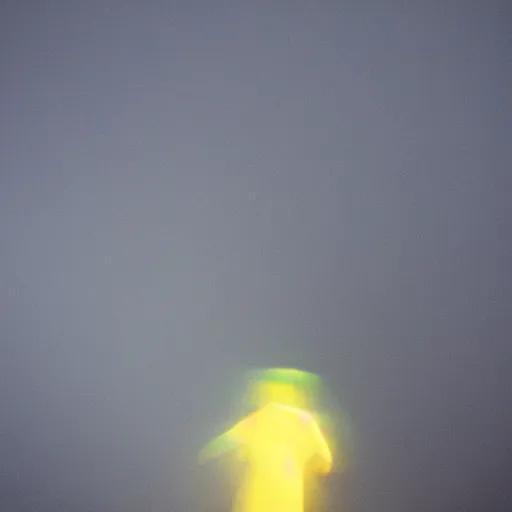 Prompt: a blurry aura glowing in a white mist, human hovering