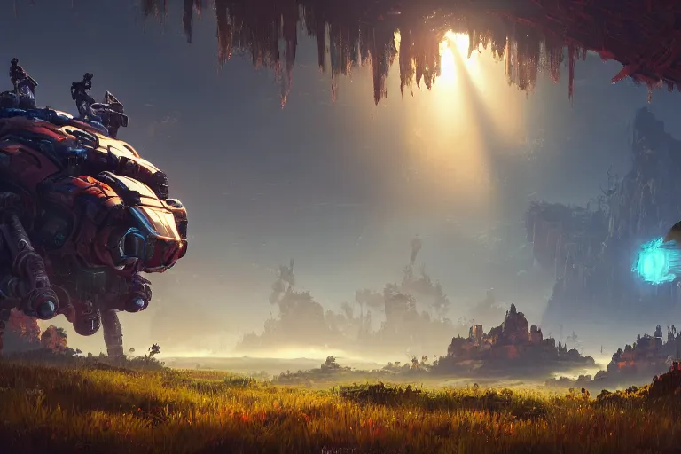 Image similar to watcher machine mecanical creature robot of horizon forbidden west horizon zero dawn radiating a glowing aura global illumination ray tracing hdr fanart arstation by ian pesty and alena aenami artworks in 4 k