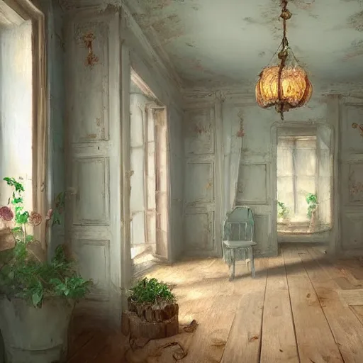 Image similar to beautiful digital matte painting of a whimsical botanical shabby chic dressing room by greg rutkowski and edward hopper, artstation, behance hd - h 7 6 8