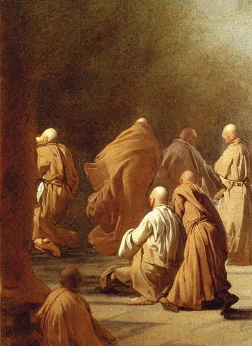 Image similar to elisabeth louise vigee - le brun painting of monks in raising new magical glowing spirit, old master painting,