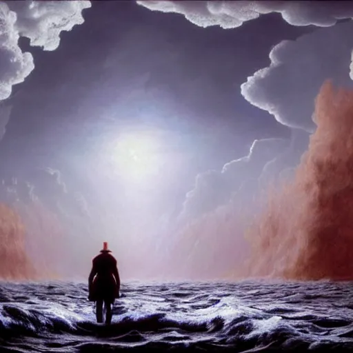Prompt: A man made of clouds walking over a blood ocean, masterpiece, ultra detailed, unreal engine 5, illustration, Albert Bierstadt and Henri.