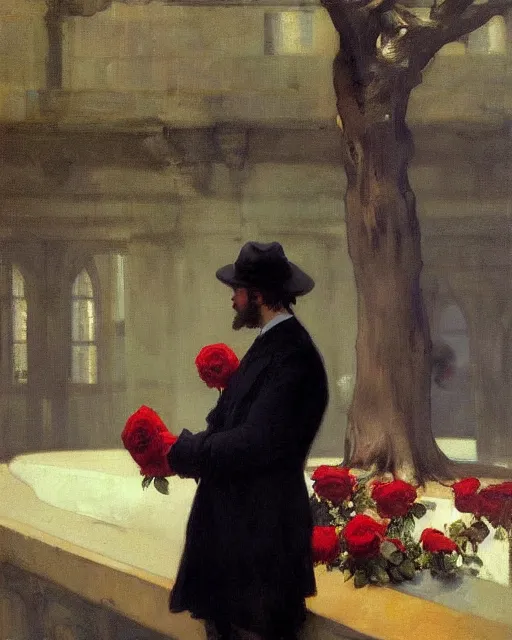 Image similar to a guy waiting for his love to come, holding roses, art by greg rutkowski, gustave courbet, rosa bonheur, edward hopper. faithfully depicted facial expression, perfect anatomy, sharp focus, global illumination, radiant light, detailed and intricate environment, trending on artstation