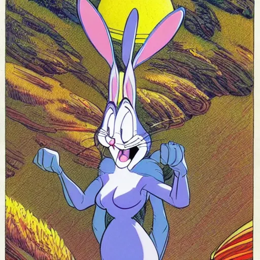 Prompt: Bugs Bunny. concept art by James Gurney and Mœbius.