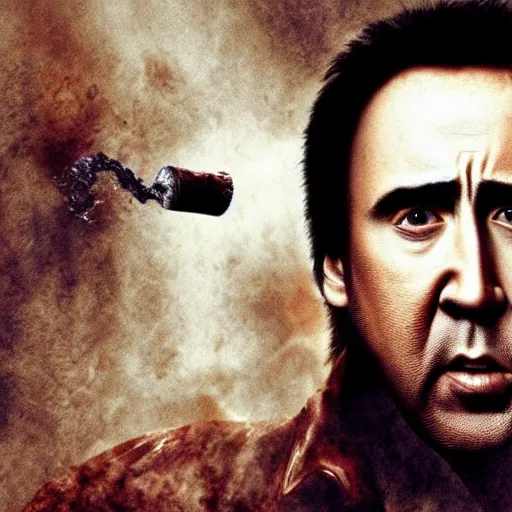 Prompt: angry nicolas cage attacking with a pipe in silent hill, ultra detailed, 8 k