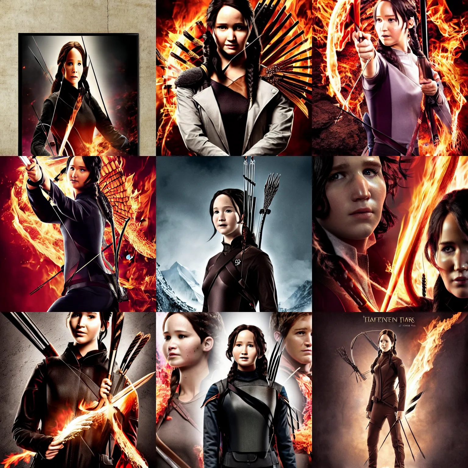Prompt: katniss everdeen facing harry potter, fantasy movie poster