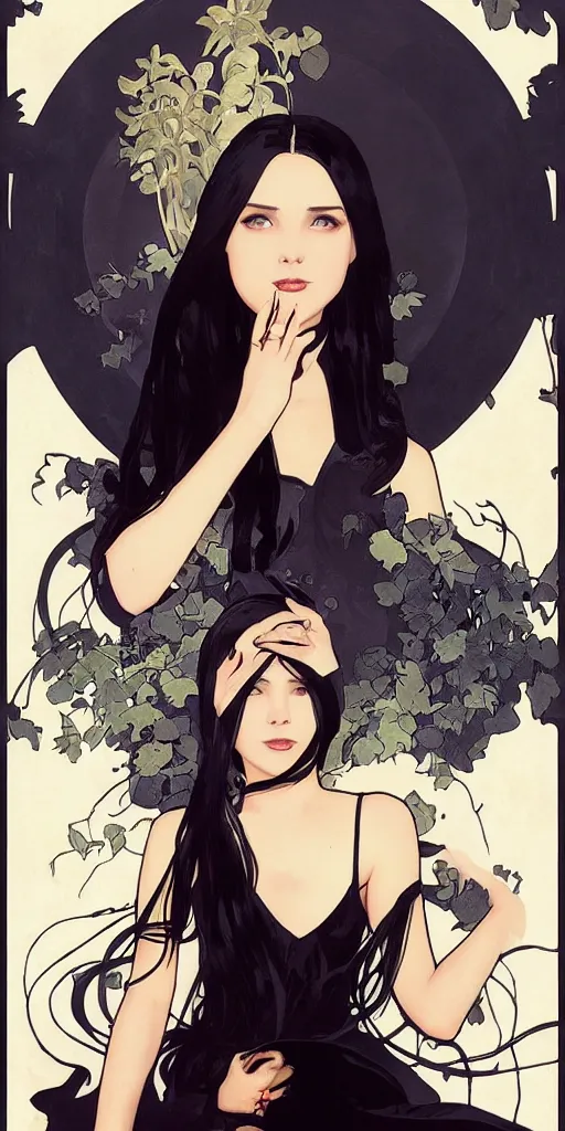 Prompt: character poster of young girl with straight long black hair wearing black dress sitting in bath, poster by capcom art team collaborating with artgem, greg rutkowski and alphonse mucha
