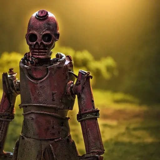 Image similar to D&D, old rusty warforged gardener, dramatic beautiful lighting, 8k photgraphy, codachrome,