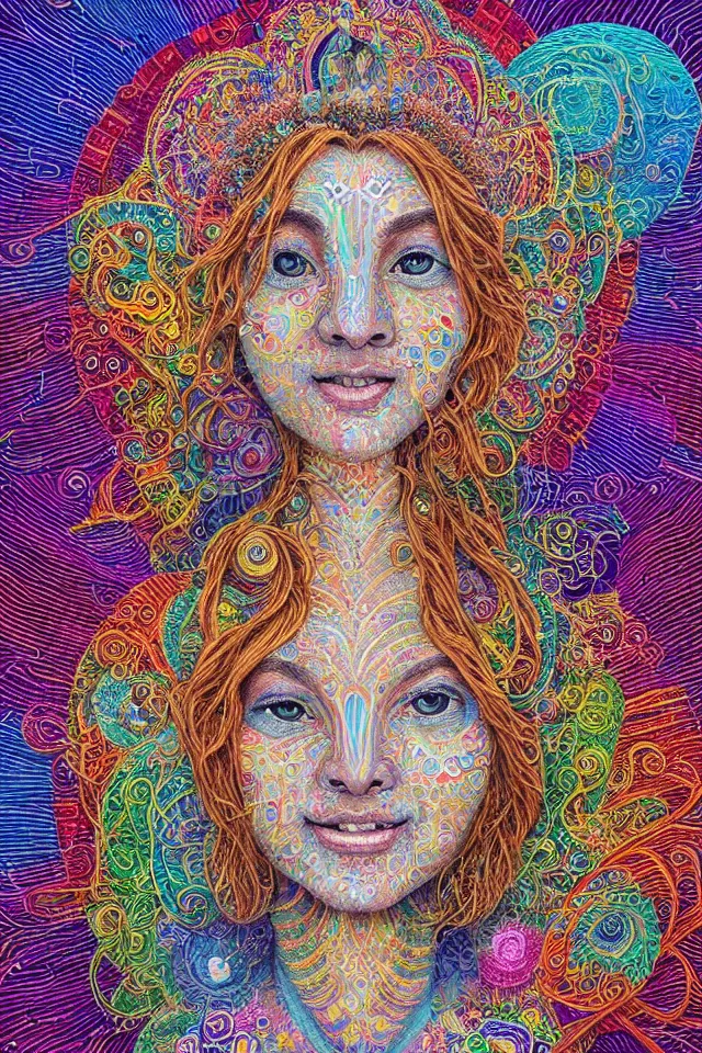 Prompt: a happy beautiful wise spirit goddess in the shape of a heart, meditation, 3 2 k resolution, good vibes, perfect lighting, billions of details, made out of small cubes of love, pointillism, fabric embroidery, stunning artwork, android jones, chris dyer, alex grey, trending on artstation, award winner