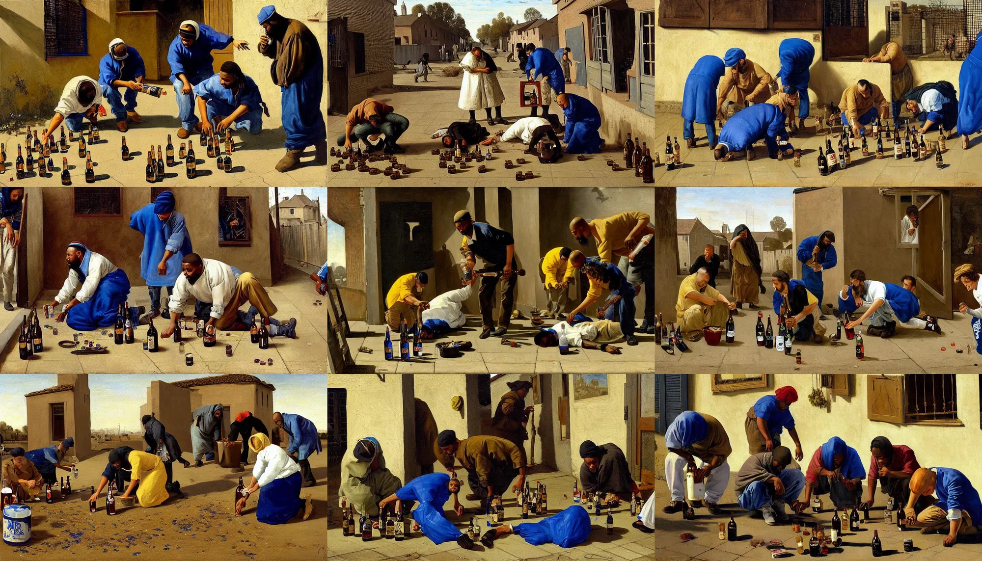 Prompt: a beautiful painting of 4 los angeles crip gang members pouring colt 4 5 malt liquor on the ground in honor of a dead friend, outside of a compton corner store, midday, in the style of vermeer