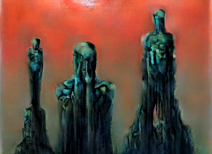 Image similar to painting of omniscient tall statues of gods towering above a hopeless person, by zdzislaw beksinski, by dariusz zawadzki, by wayne barlowe, gothic, surrealism, cosmic horror, lovecraftian, cold hue's, warm tone gradient background, concept art, beautiful composition