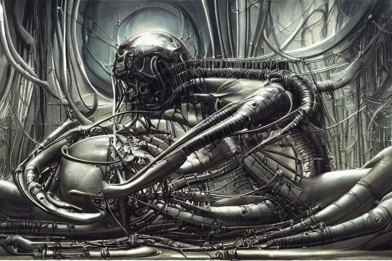 Prompt: the birth of the cyborg sleeping chambre / artificial womb by hr giger. hedonic imperative expressed as a pan - species techno - utopia imagined by jim burns and james gurney. masterpiece scifi artwork, retro, trending on artstation, 8 k