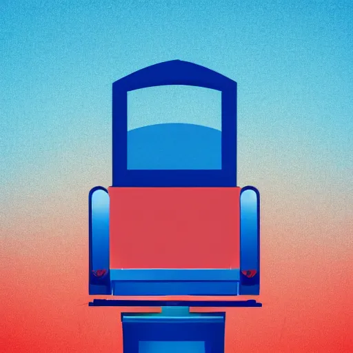 Prompt: symmetrical blue and red, mysterious man looking at a distant machine in fog, vector, minimal, abstract, many details