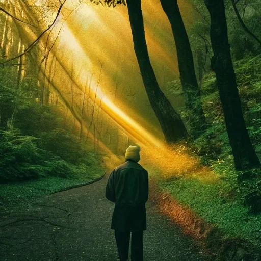 Prompt: 1 9 9 0 s candid 3 5 mm photo of a beautiful forest in tokyo, cinematic lighting, cinematic look, golden hour, the clouds are epic and colorful with cinematic rays of light, a man walks down the center of the forest with a beanie on, photographed by petra collins, uhd