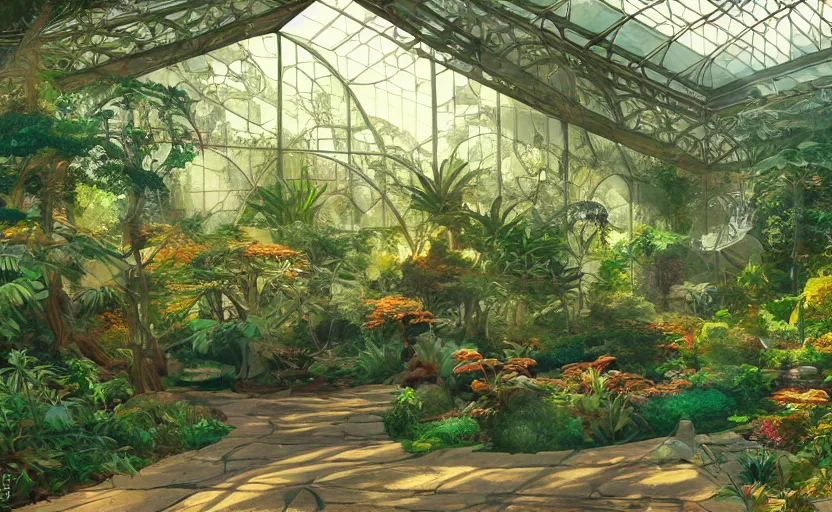 Prompt: sport terrain, japanese garden around, jungle, greenhouse, sunrays, bay window, indoor, highly detailed, digital painting, artstation, art nouveau, concept art, sharp focus, illustration