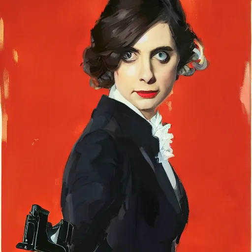 Image similar to alison brie wearing a tuxedo, holding a martini and a silenced pistol, intricate, elegant, highly detailed, greg manchess, mucha, liepke, ruan jia, jeffrey catherine jones, ridley scott