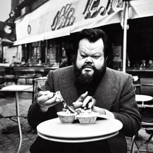 Prompt: orson welles eating in front of a restaurant. award winning photography