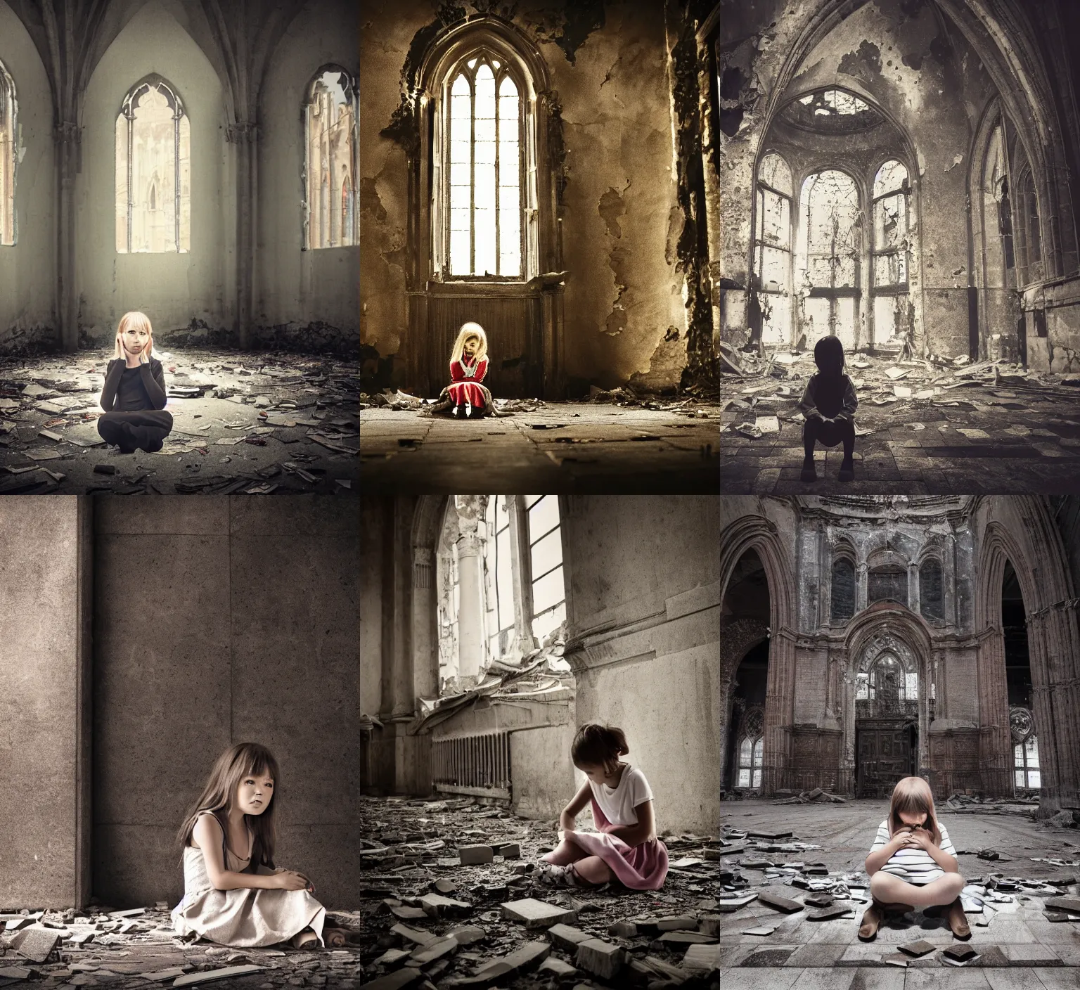 Prompt: a photograph of a sad lonely little girl sitting facing away from the camera at the center of a large dilapidated broken down large majestic cathedral with broken tiles, canon 5 0 mm lens, hyper realistic, night, cinematic lighting
