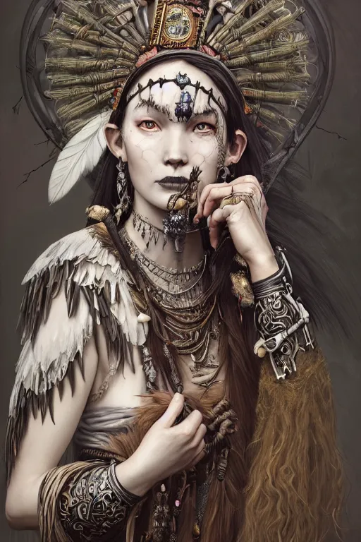 Image similar to A masterpiece ultrarealistic portrait of a Irristible angel princess tribal-shaman-knight-witch-ghost with Skull Iron mask. baroque renaissance girl in the night forest. medium shot, intricate, elegant, highly detailed. trending on artstation, digital art, by Stanley Artgerm Lau, WLOP, Rossdraws, James Jean, Andrei Riabovitchev, Marc Simonetti, Yoshitaka Amano. background by James Jean and Gustav Klimt, light by Julie Bell, 4k, porcelain skin.