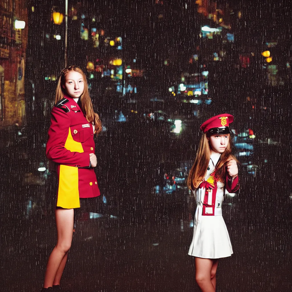 Image similar to night flash portrait photography of a high school girl in uniform on the lower east side by annie leibovitz, colorful, nighttime!, raining!