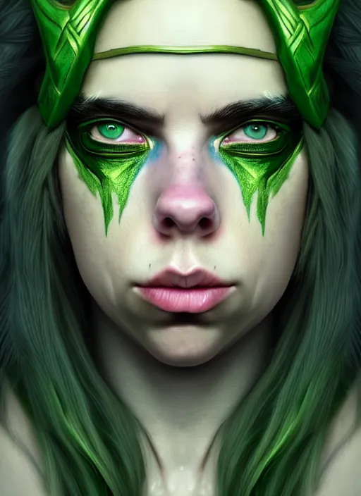 Image similar to Billie Eilish as Female Loki, Goddess of Mischief, beautiful facial symmetry, olive skin color, hyper realistic, hyper detail, very detailed, digital art, trending on artstation, smooth render, 8k octane render,