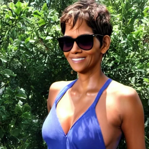 Prompt: halle berry surrounded by tons of blueberries