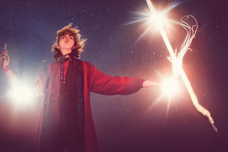 Image similar to a young adult wizard with very detailed face, hair clothes and shoes points their wand fiercely from which a blast of bright magic flies from the end of the wand, on an empty moonlit hill, dramatic lighting, lens flare, 3 5 mm full frame professional photography, kodachrome