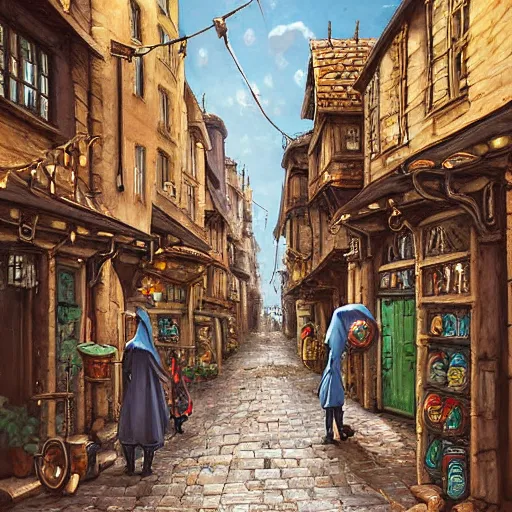 Image similar to a busy fantasy street looking down one street within a fascinating old city, quirky shops, narrow streets, old buildings, cobblestones on the ground, stone steps, street life, by Sylvain Sarrailh, single street, cinematic, simple but effective composition, clean lines, beautiful digital painting, oil painting, detailed, dungeons and dragons, lord of the rings