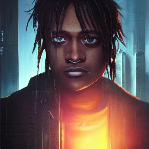 Image similar to cyberpunk, closeup portrait of a juice wrld, dramatic light, city background, sunset, dystopian setting, high contrast, sharp, neuromancer, henry dorsett case, painted by stanley lau, painted by greg rutkowski, painted by stanley artgerm, digital art, trending on artstation