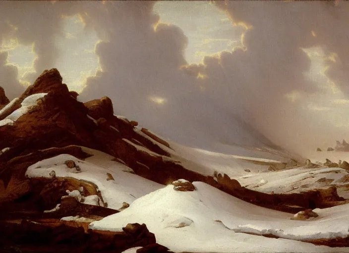 Image similar to earth after the cretaceous – paleogene extinction event, a harsh winter cools down the earth, blizzards envelop the lands and barely any sunlight gets through the thick dust clouds, in the style of hudson river school of art, oil on canvas