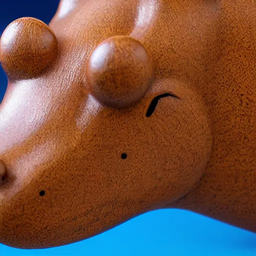 Prompt: small hippopotamus wood and blue epoxy sculpture, small, 3 5 mm macro photography, studio